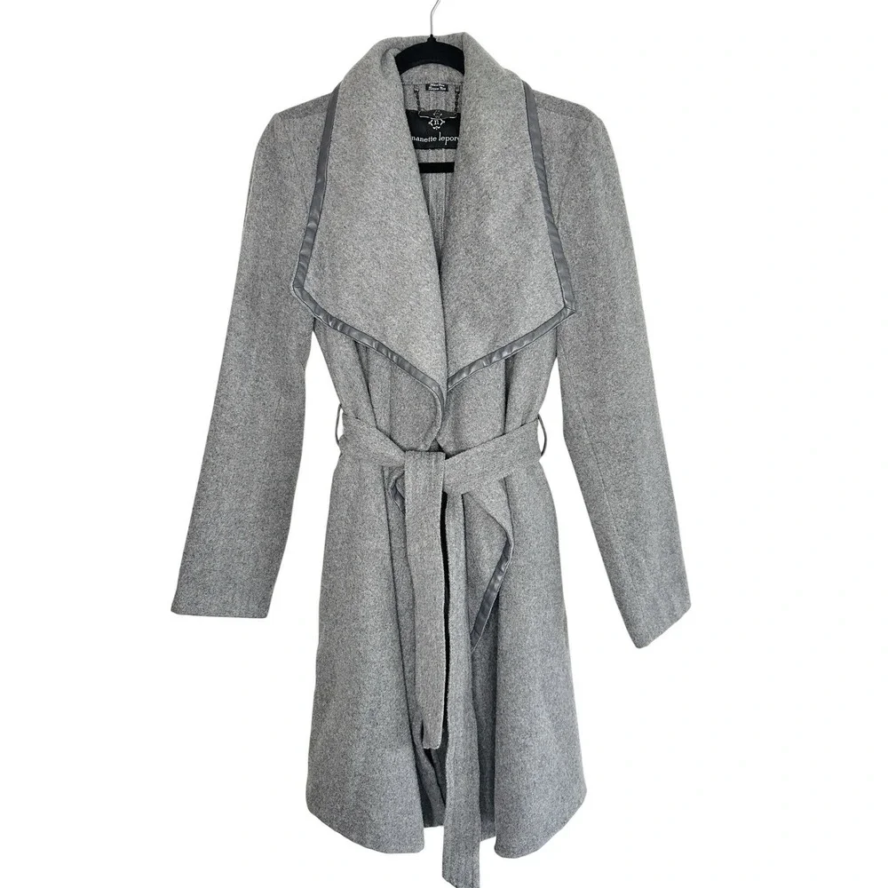 Nanette Lepore Gray Wool Blend Faux Leather Trim Wrap Coat Large Minimalist Chic